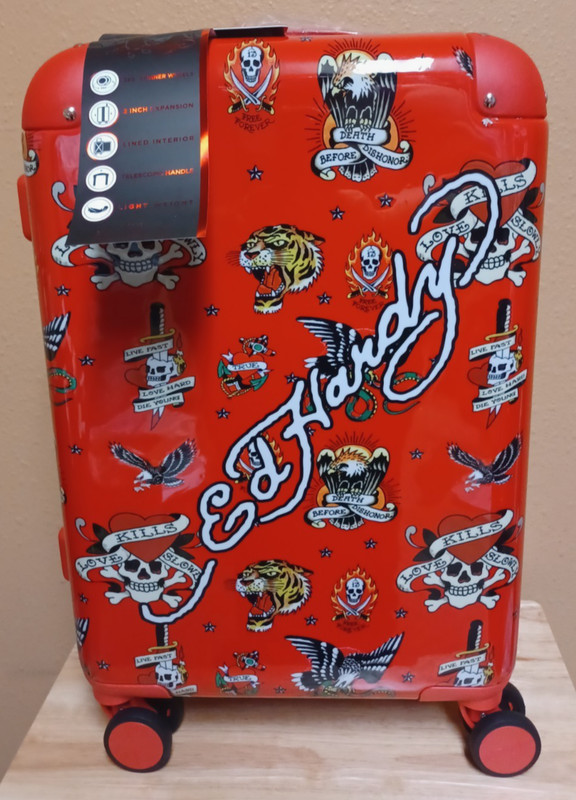 Ed Hardy 21″ Expandable Carryon Spinner Suitcase Red with Skulls, Tiger &Logo