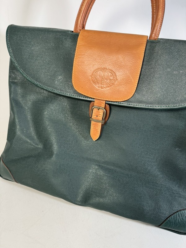 Source Perrier Collection Green & Tan Leather Luggage Tote Bag Carryon 19x15x7.5 gallery
