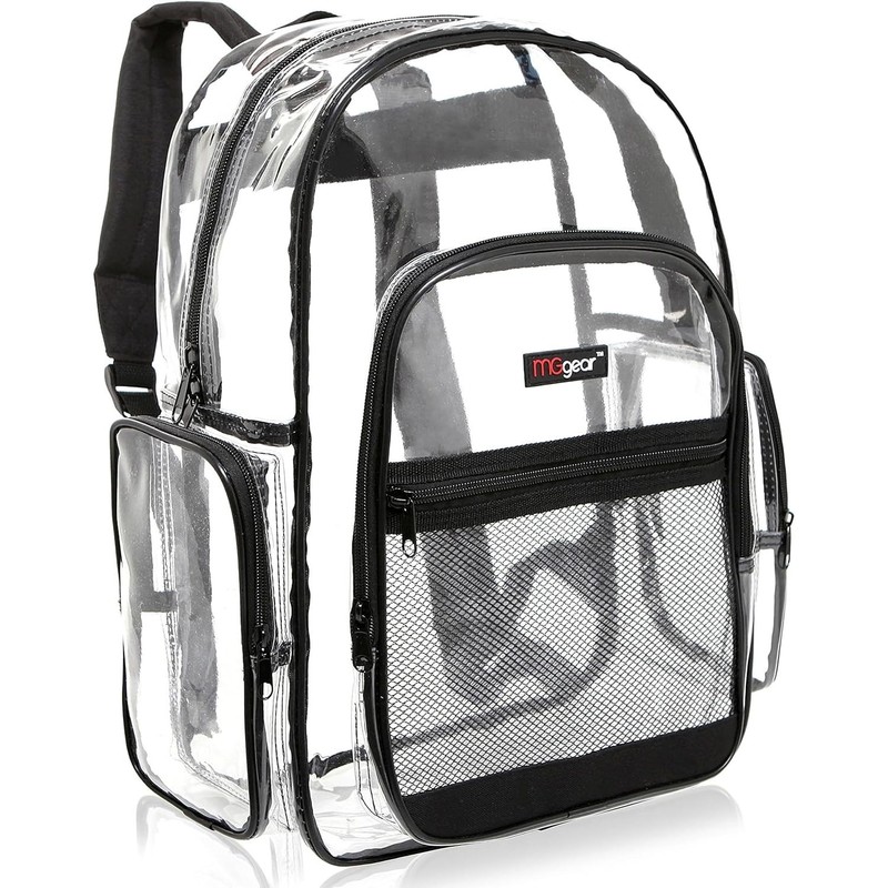 MGgear 17 Inch Clear PVC Backpack with Black Trim and 5 Zipper Compartments, …