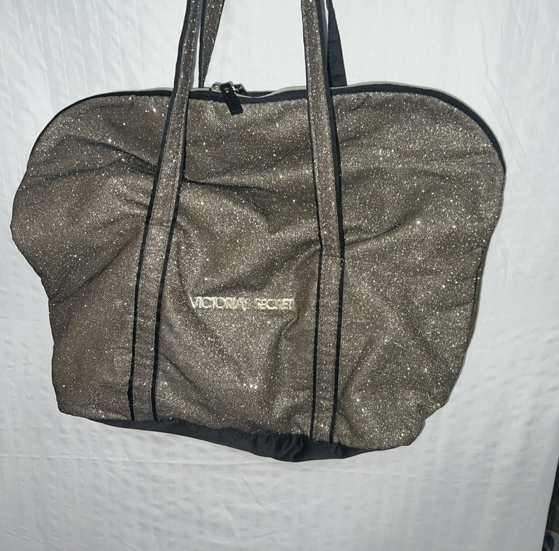 Victoria’s Secret Glitter Shimmer Tote Shoulder Bag Black Gold Logo Zip Top