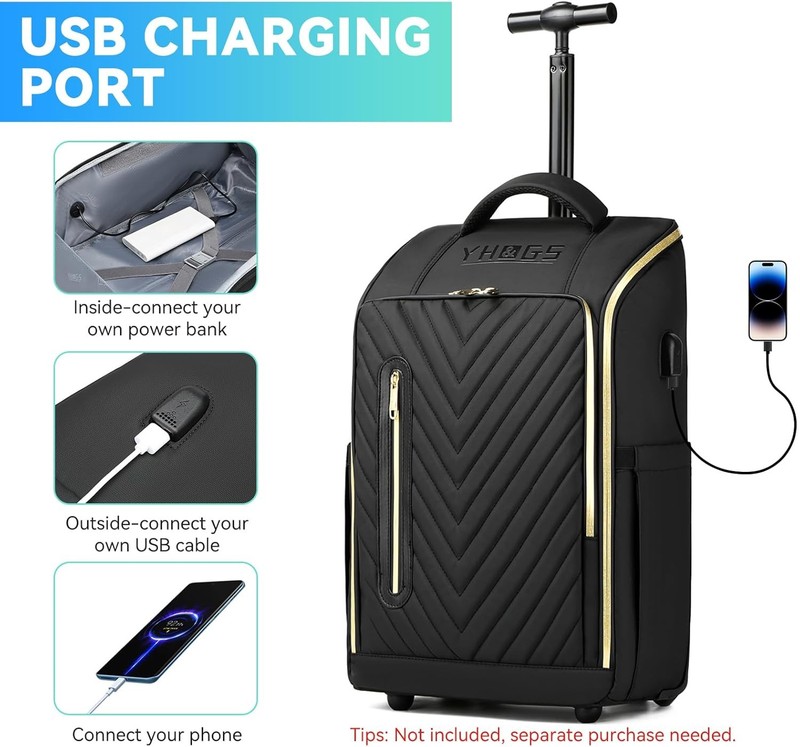 Rolling Backpack, Waterproof Backpack with Wheels for Business Gold Black gallery