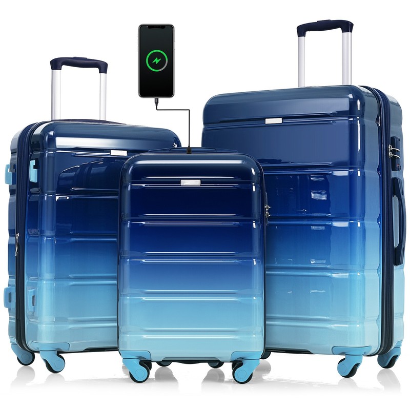 3-Piece ABS+PC Hard Shell Luggage Set, 20″ Carry-On with USB Port, Gradient Blue
