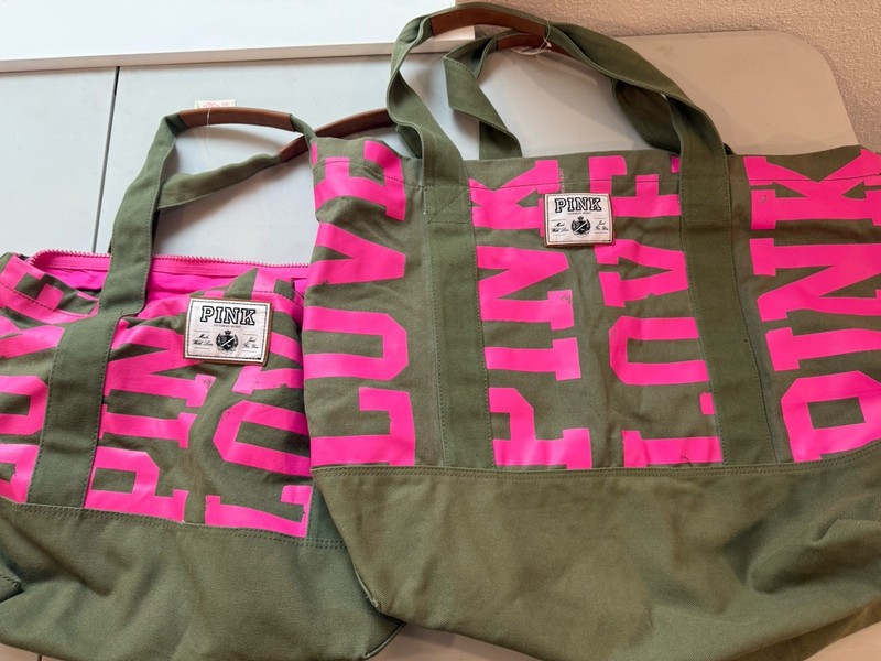 NEW Victorias Secret Pink Matching Canvas Travel Bags Neon Tote Vintage Dog