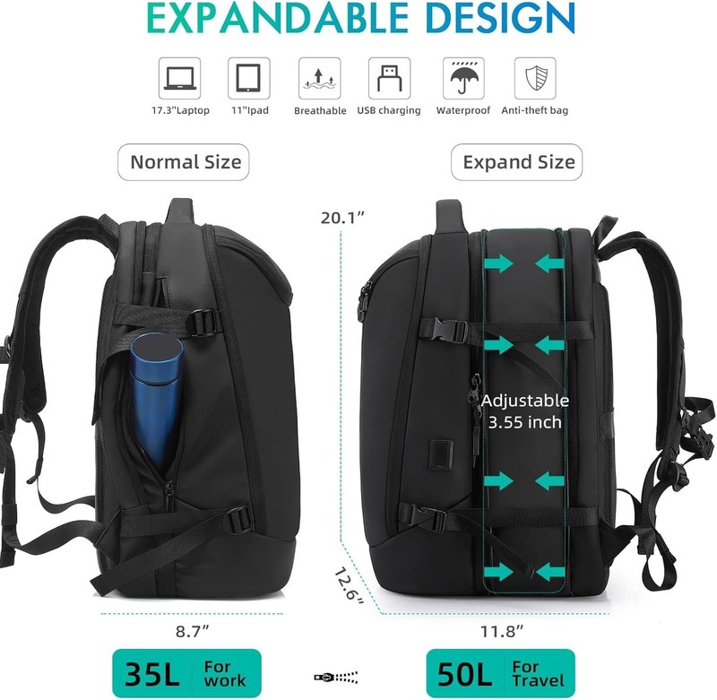 Water-Resistant 50L Expandable Backpack with Anti-Theft Pocket and USB Port gallery