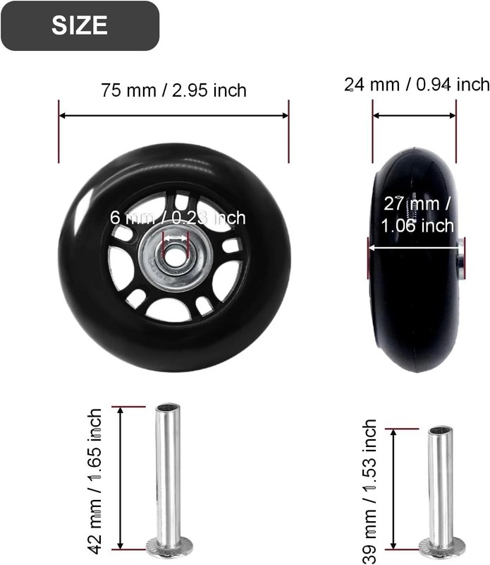 75 x 24mm Luggage Wheels Replacement, 2Pcs Rubber Suitcase 75 x 24mm, Black gallery