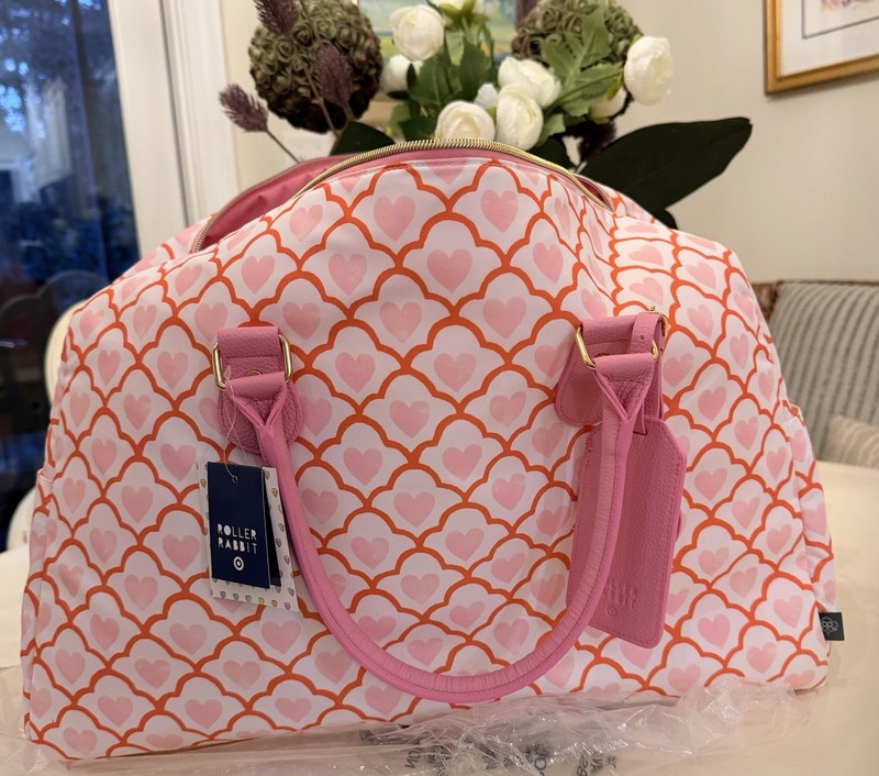 Roller Rabbit Pink Hearts Duffle Bag Adjustable Straps Zipper Closure