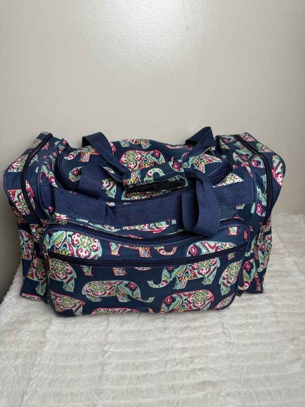 Mia Elephant Print Blue/Multicolor 22″ Fabric Duffle Bag Zip-Around Straps