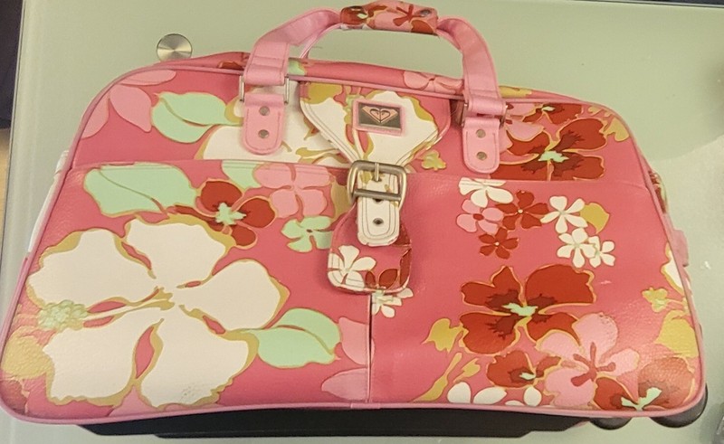 Vintage Roxy Quicksilver Pink Floral Travel Luggage Rolling Duffle Bag Wheels