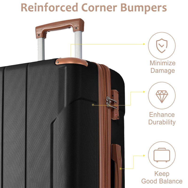 3pc Expandable ABS Hard Shell Spinner Luggage Set w/ TSA Locks, Black Brown gallery