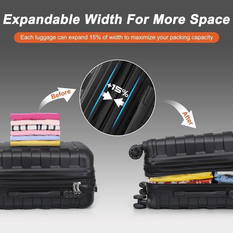 Expandable Luggage Set 3 Piece 21"26"30" Black Hardshell Suitcase with TSA Lock gallery