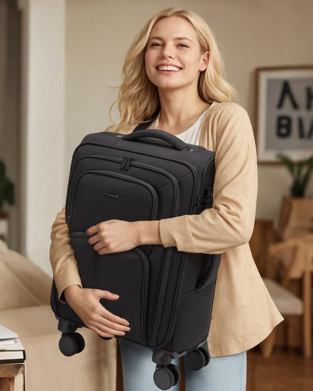 Medium Checked Luggage, 24 Inch Softside Suitcases with Spinner Wheels, Light... gallery