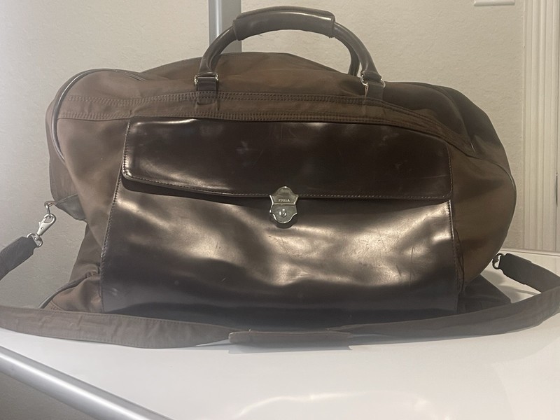 Furla Brown Leather Canvas Duffle Bag 24″ Adjustable Straps Carry on with brass