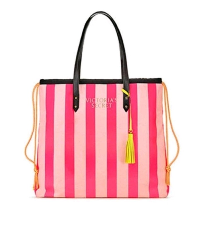 VICTORIA'S SECRET STRIPES BLACK STRAP BEACH EVERYDAY BAG WEEKENDER TOTE NWT gallery