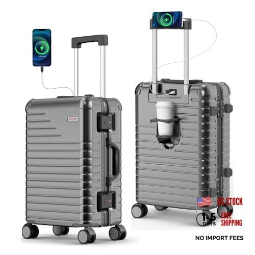 Large Checked Luggage with Cup Holder, Zipperless PC Hard Shell, 28 Inch Grey