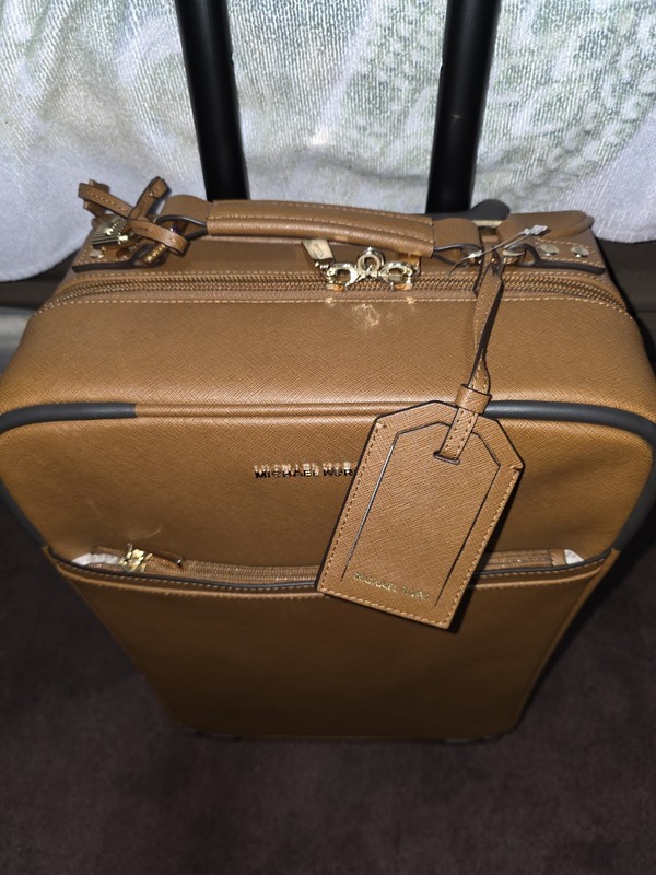 Michael Kors 12″ Brown Leather Rolling Suitcase w/ Retractable Handle 30H6GTMT4L