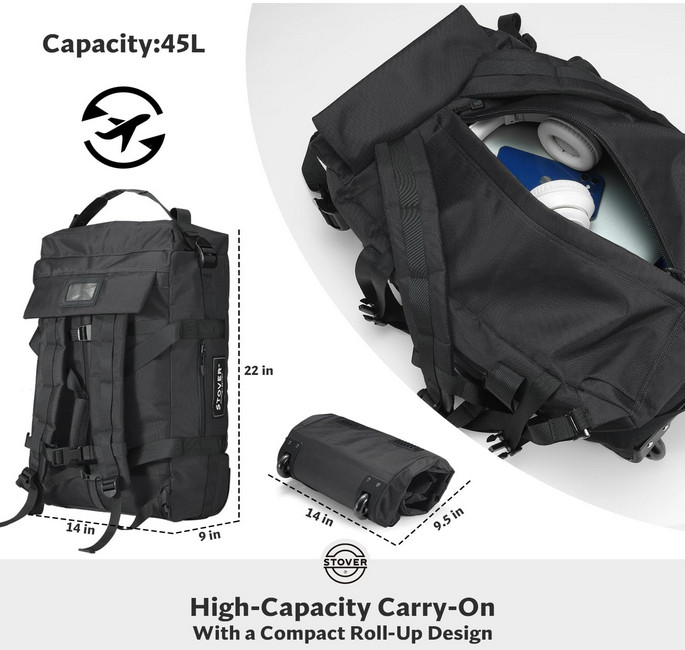 45L Airline Carry-on Sized Roller Duffel Bag w/ Backpack Straps, Waterproof, Blk gallery