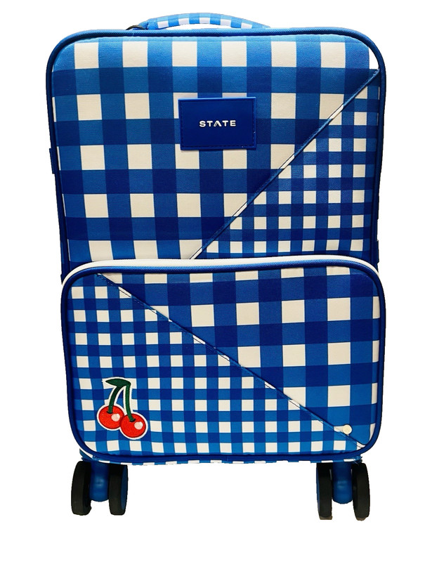 NWT STATE Mini Logan Carry-On Suitcase Blue White Plaid Checkered Cherries-RARE
