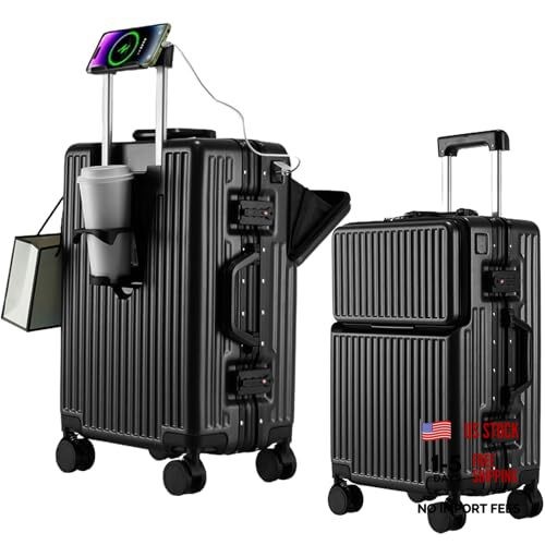 2-Piece Hardshell Zipperless Luggage Set—20/26″ Aluminum Frame—Black