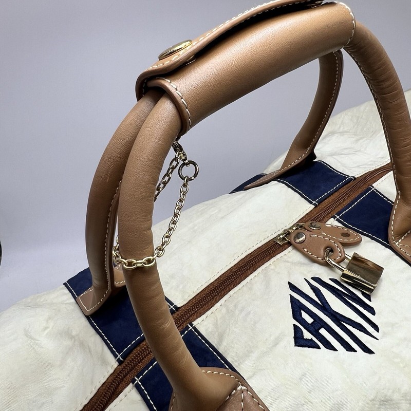 J McLaughlin Duffle Bag Large Weekender Cape Cod White Blue Tan Leather Nylon gallery