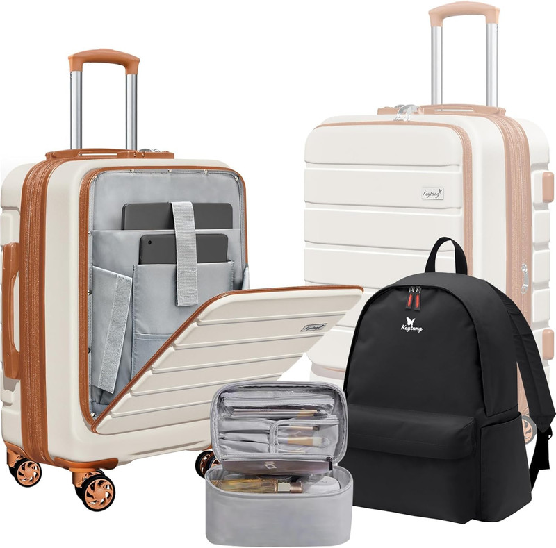 Explorer 20 Inch Carry on – Hardshell Suitcases with Front Pocket, White Brown