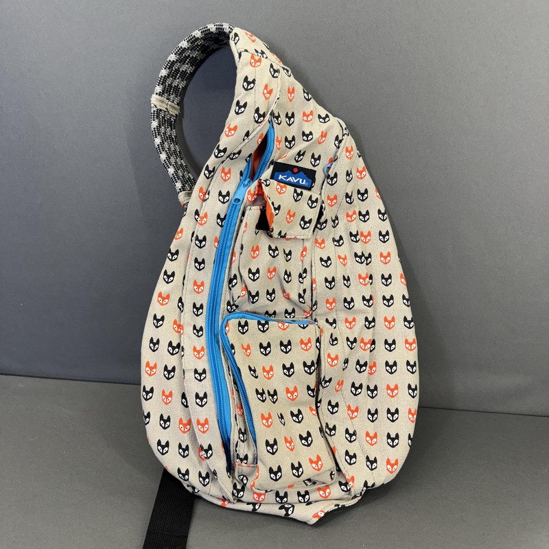 KAVU Rope Bag Sling Crossbody Backpack Fox Print Tan Blue Zips Cotton One Size