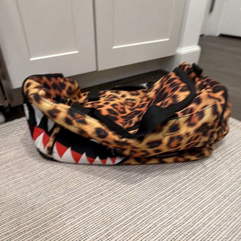 DAMAGED- Sprayground Leopard Print Shark Mouth Duffle Bag 17” length gallery