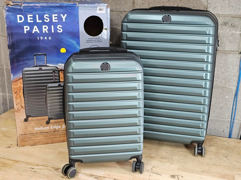 2 PCE GREEN Delsey Helium Edge Hardsided Luggage Suitcase Set Bags Carryon Check
