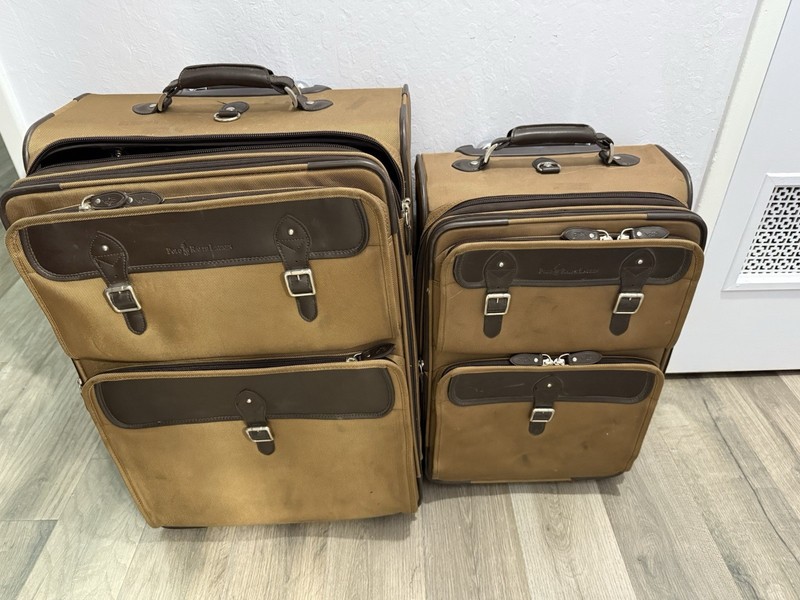 LOT OF 2 VTG Ralph Lauren Rolling Luggage Canvas W/ Leather Trim Suitcase