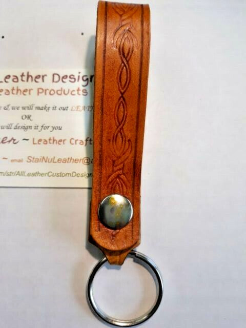 All Leather – Snap On~Snap Off Key Ring ~SADDLE TAN – Barbed wired pattern