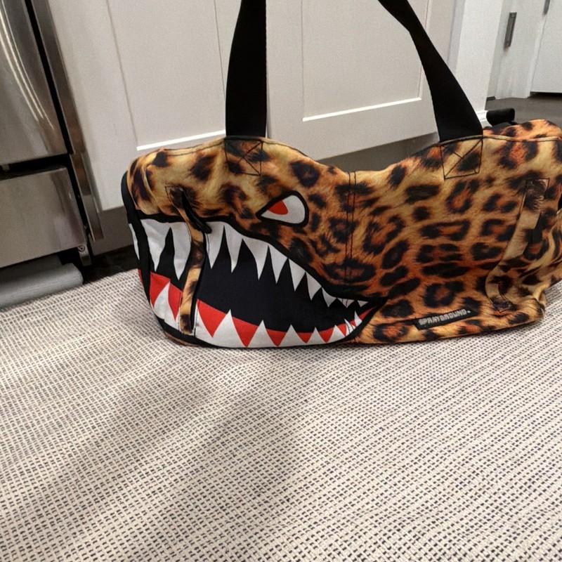 DAMAGED- Sprayground Leopard Print Shark Mouth Duffle Bag 17” length gallery