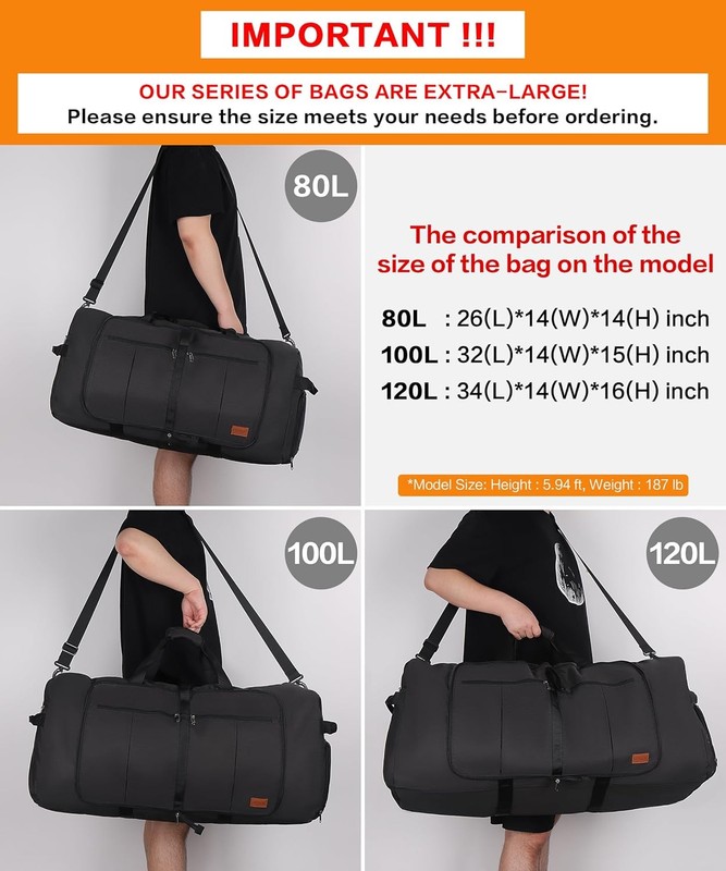 80L Extra Large Duffle Bag 26" Foldable Travel Duffel with Shoe Compartment gallery