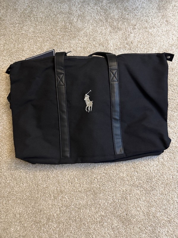 Polo Ralph Lauren Black Large Nylon Gym Bag Zip, Adjustable Strap, Logo