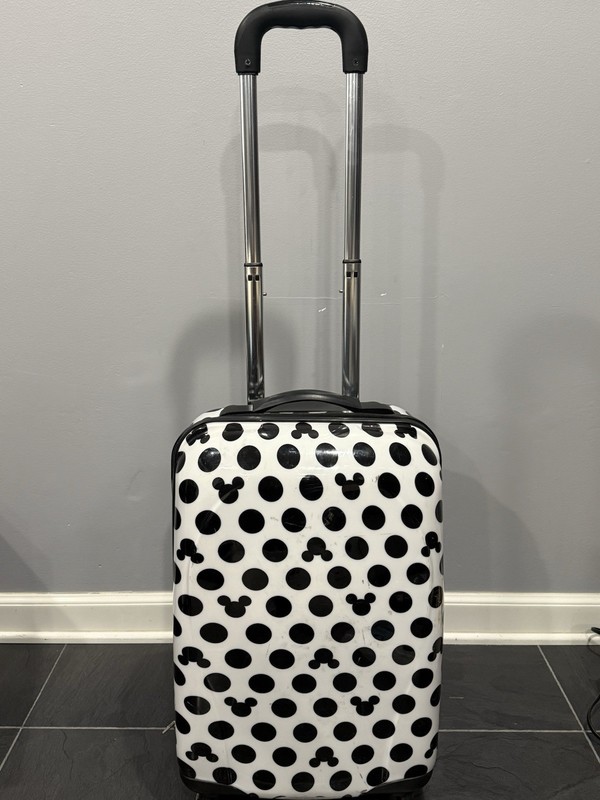 Disney Parks Mickey Mouse Hardshell Rolling Suitcase Black White Cow Print LOOK