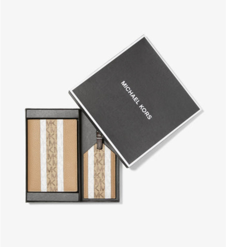 MICHAEL KORS Monogram Logo Striped Pebbled Leather Passport Luggage Travel Set