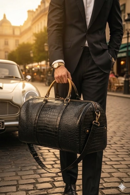 Black Croc Embossed Leather Barrel Duffle Bag 23.5" | Gold Hardware | Travel Bag