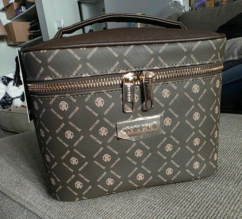 Roberto Cavalli Monogram Vanity Train Case In Brown & Gold-toned Brand New Tags