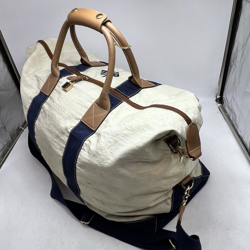 J McLaughlin Duffle Bag Large Weekender Cape Cod White Blue Tan Leather Nylon gallery