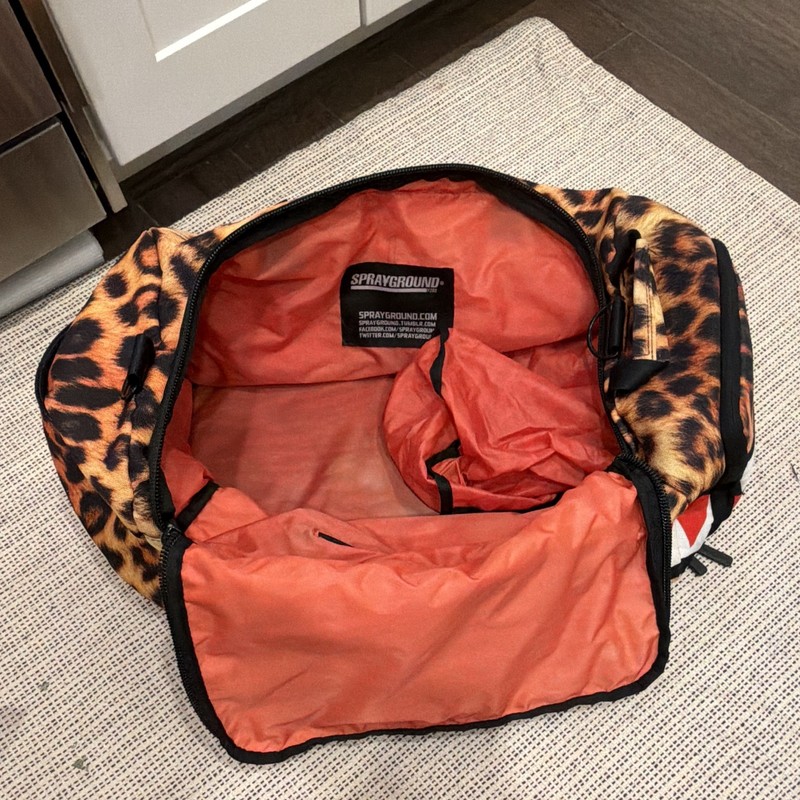 DAMAGED- Sprayground Leopard Print Shark Mouth Duffle Bag 17” length gallery