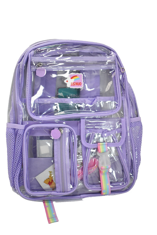 LISINUO Clear PVC Backpack Purple Rainbow Straps Transparent School Bag Keychain