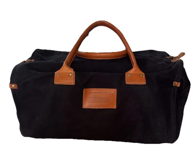 LANDS’ END Vintage Navy Blue Canvas & Leather Weekender Bag Travel Duffel
