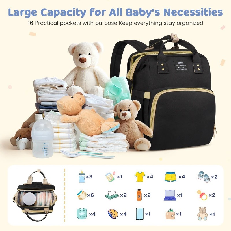 Diaper Bag Backpack with Foldable Crib, USB Charging Port, Insulated Pockets gallery
