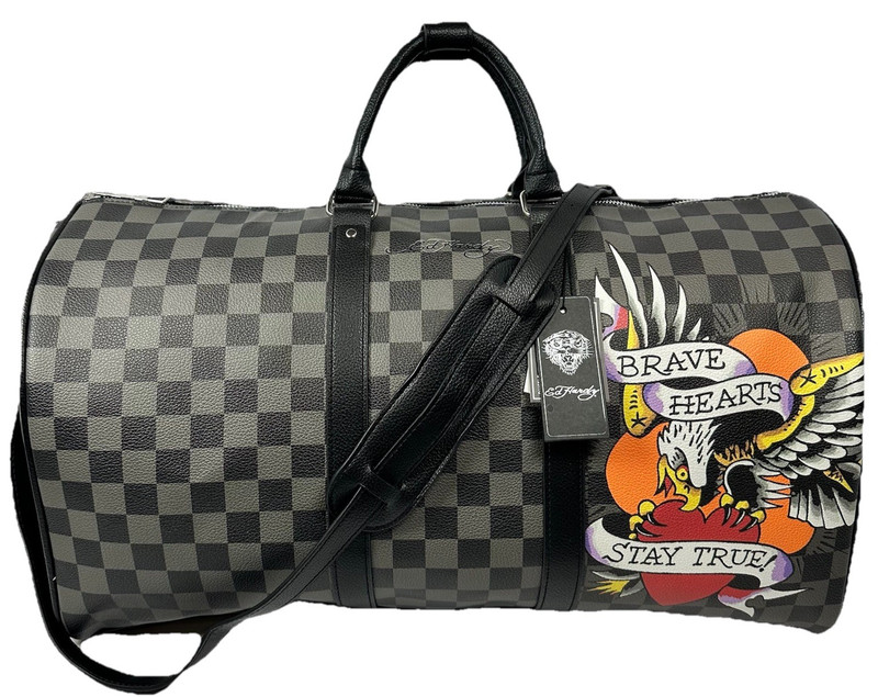 Ed Hardy Duffel Bag Brave Hearts Eagle Checkered Travel Weekender Black Gray