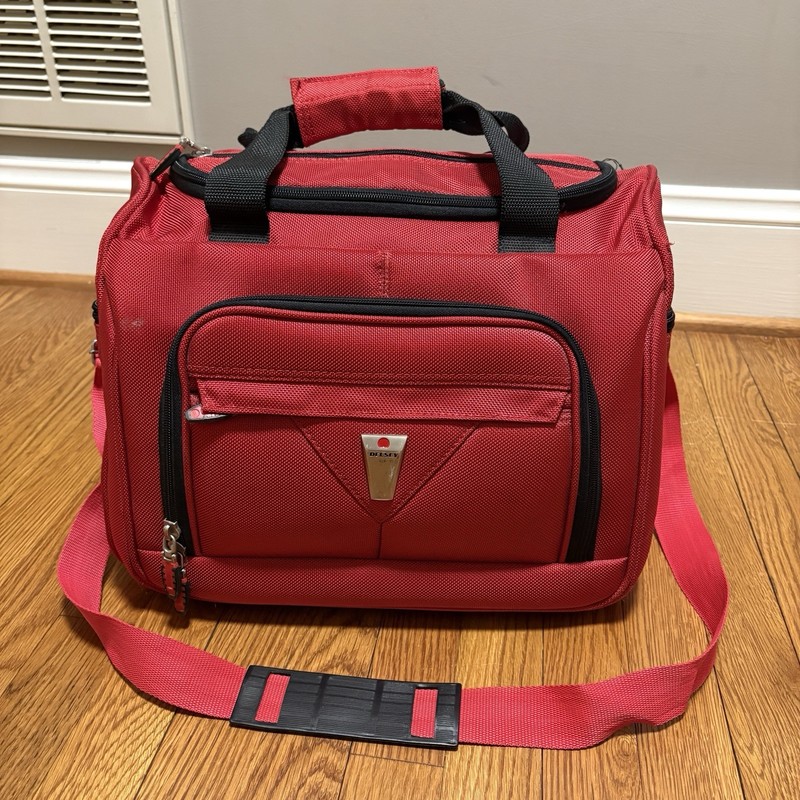 Delsey Weekender Carry On Duffle Bag Crossbody Strap Red Black Canvas Organizer!