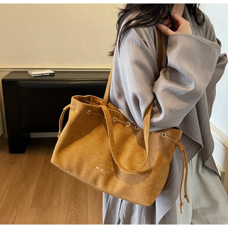 Retro Suede Bucket Purse Causal Travel College Crossbody Bag Drawstring Handb... gallery