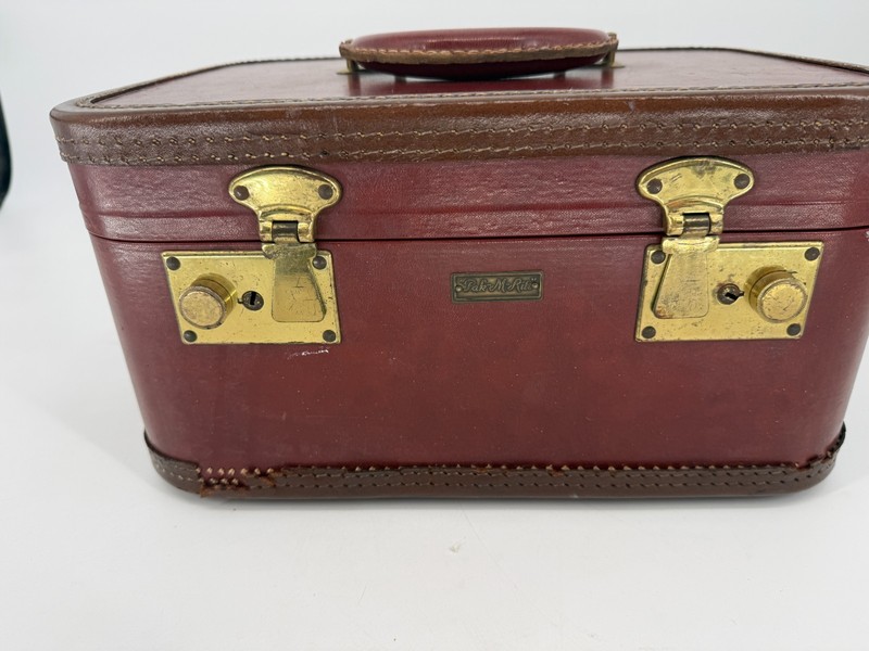 Vintage Pak-M-Rite Burgundy Train Case Brass Lock Retro Travel Decor Luggage gallery
