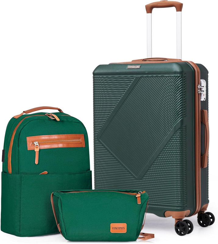 3-Piece Luggage Set, 20″ Carry-On Suitcase with Spinner Wheels, Dark Green