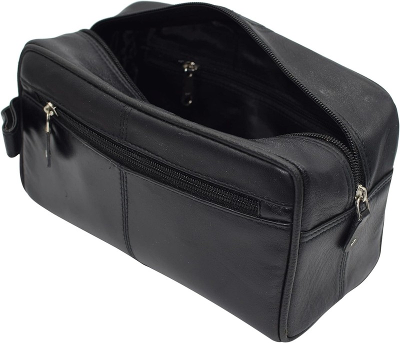 Black Leather Travel Toiletry Bag Zipper Case Organizer Shaving Portable Dopp gallery