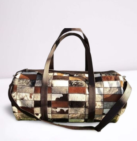 Patchwork Duffle Leather Weekender Gym Tri Color Cowhide Family Road Trip Duffel gallery