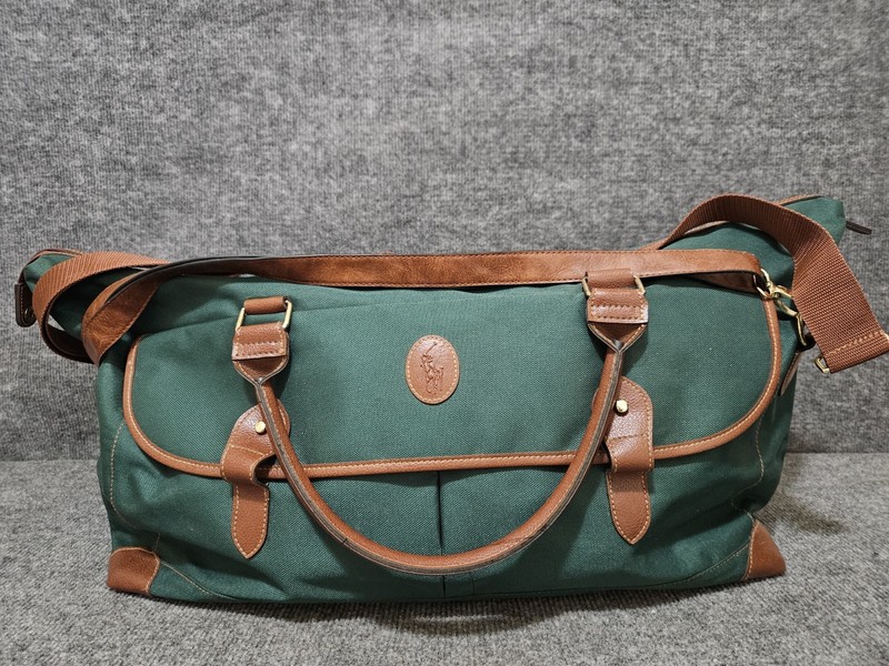 Polo Ralph Lauren Green Leather Trim Canvas Duffel Bag with Shoulder Straps