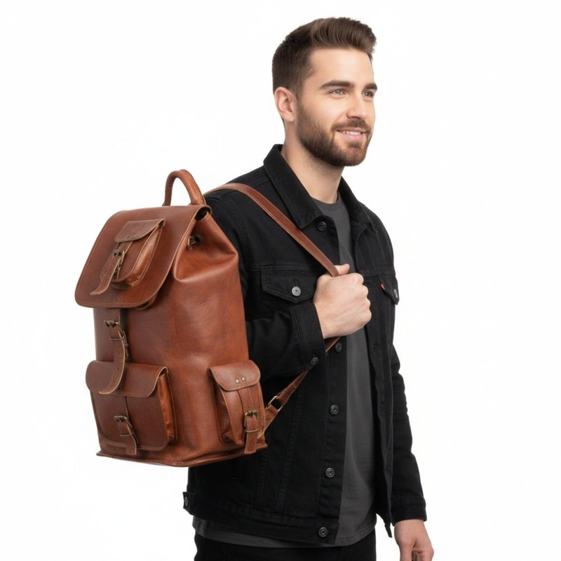 Shy Shy 16" Rustic Brown Leather Backpack Vintage Daypack College Travel Ruck... gallery